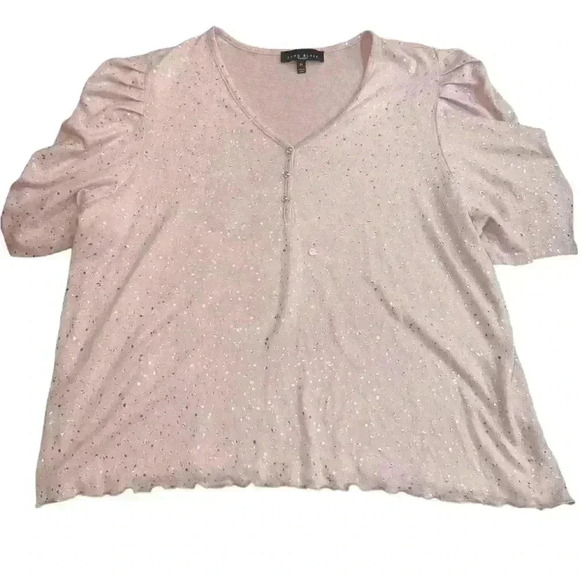 Como Black Women's 1X Pink Silver Speckled Puff Sleeve V-Neck Top - Picture 1 of 8